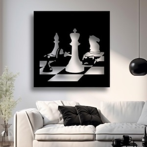 Puede incluir: Arte de pared de metal en blanco y negro con un tablero de ajedrez con piezas de rey, reina y caballero. El arte es un diseño de silueta con una estética moderna.