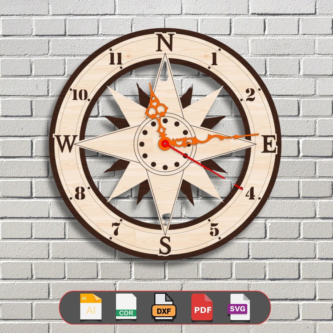 Compass Wall Clock SVG | Nautical Themed Directional Clock Design | DXF ...