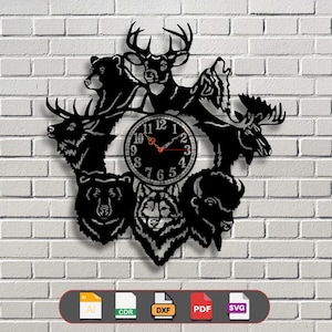 May include: Black and white silhouette clock design featuring a deer, wolf, bear, moose, and bison. The clock face is in the center of the design.