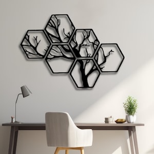 May include: Black metal wall art featuring a tree silhouette with branches inside hexagonal shapes.