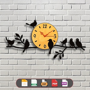 Oiseaux sur une branche d'arbre horloge SVG | Horloge murale silhouette nature fichier coupé | DXF Cdr Ai Pdf Svg pour découpe laser CNC Cricut Glowforge Decor