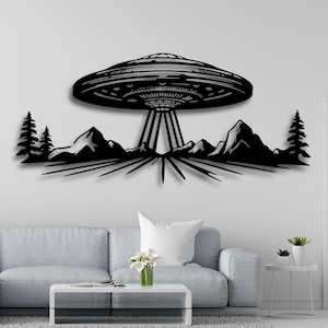 UFO Mountain Scene Wall Art | Alien Spaceship Silhouette Laser Cut File | Sci-Fi Decor for CNC Svg DXF Ai Cdr Pdf | Digital Artwork