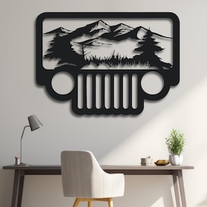 Jeep art mural montagne SVG | Fichier découpé au laser pour aventure tout-terrain | Design monocouche sur le thème de la nature pour CNC et Cricut | SVG Dxf Ai Pdf Cdr