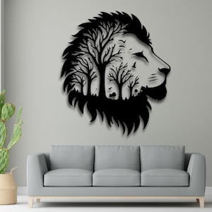 Art mural Silhouette forêt de lions SVG | Fichier de coupe de tête de nature d'animal sauvage pour CNC laser | IA Dxf Pdf Cdr Svg | Fichier de décoration à téléchargement numérique
