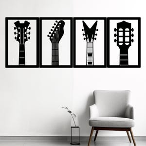 Guitar Head Wall Art SVG | 4 Panel Music Instrument Silhouette Cut Files for CNC Laser | PDF Dxf Ai Cdr Cricut | Digital Download Decor