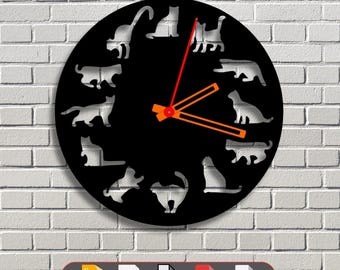 Reloj de pared con siluetas de gatos SVG / Diseño de gato cortado a láser / DXF CDR Ai Pdf SVG para láser CNC Cricut Glowforge / Decoración para amantes de las mascotas