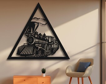 Steam Train Wall Art SVG | Vintage Locomotive Triangle Cut File for Laser CNC | Cricut Ai Dxf Cdr Pdf Digital Download Railway Decor