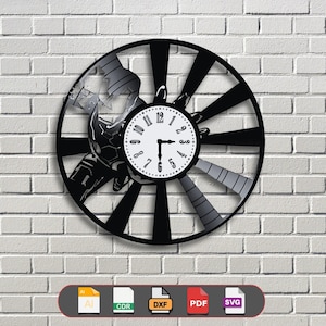 Pode incluir: Design de relógio preto e branco com uma silhueta de uma pessoa segurando um violão. O mostrador do relógio é branco com números e ponteiros pretos. O design está disponível nos formatos AI, CDR, DXF, PDF e SVG.