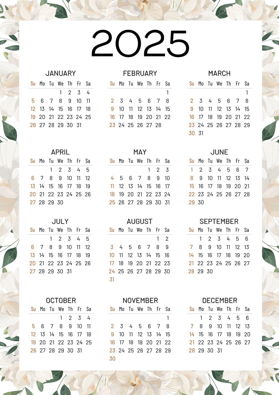 2025 Year Calendar, Flower Calendar, 2025 Wall Calendar, Printable