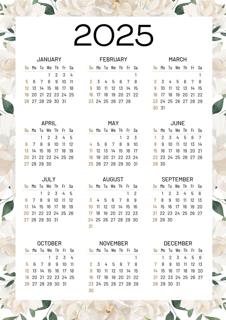 2025 Year Calendar, Flower Calendar, 2025 Wall Calendar, Printable