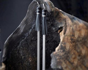 Black Rubber Tassel Earrings, Stainless Steel Chain Drop Earrings