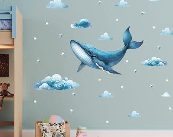Adesivo murale a forma di balena: decorazione per cameretta dei bambini con tema oceano, luna e stelle