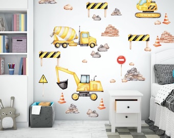 Construction Vehicles Wall Decals, Construction Wall Stickers for Kids Room, Truck Crane Excavator Nursery Decor