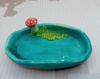 Handmade mushroom oval rustic ceramic ring trinket dish