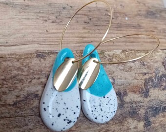 Ceramic earrings, HOOP, Clay earrings, pink specked, dangle, Gold plated ear wires, teardrop, bridesmaid, gift for her