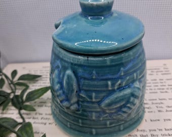 Ceramic handmade  hive honeypot with lid teal
