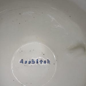 May include: Close-up of a white ceramic surface with the word "Assbitch" in blue lettering. The text is centered within a circular design. The surface has small black specks.
