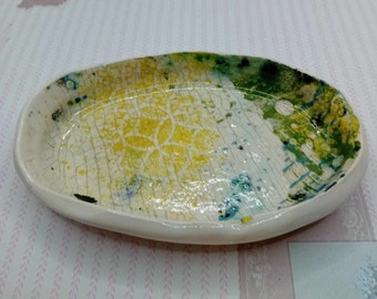 Handmade oval rustic ceramic ring trinket soap dish