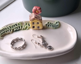 Handmade  oval rustic ceramic ring trinket dish with house 13cm