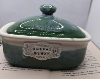 Butter bitch ceramic handmade green seafoam butter dish