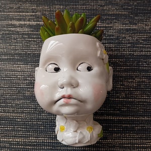 May include: A white ceramic planter shaped like a baby head with a glossy finish, pink cheeks, and painted facial features. The planter is adorned with sculpted white flowers with yellow centers at the base and side, and contains a green succulent plant.