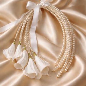White Calla Lily Bridal Bouquet: Handmade Wedding Flowers with Pearl Accents image 2