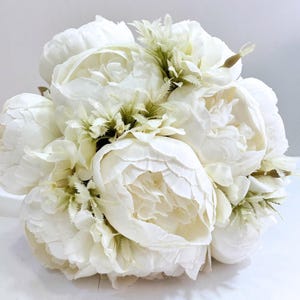 White Peony Bridal Bouquet: Handmade Wedding Flowers with Satin Ribbon