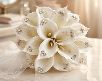 White Calla Lily Bridal Bouquet: Elegant Gala Bouquet with Stones