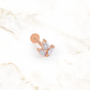 Triple Marquise CZ  Earring Stud |Screw Back Lotus Stud Earring |Diamond Leaf Cartilage Stud | 14K Solid Gold Flat Back Piercing Jewelry