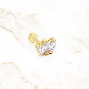 Triple Marquise Zircon Piercing | 18G Labret Stud for Helix, Conch, Tragus | Screw Back Cartilage Jewelry  | Comfortable Flat Back Piercing