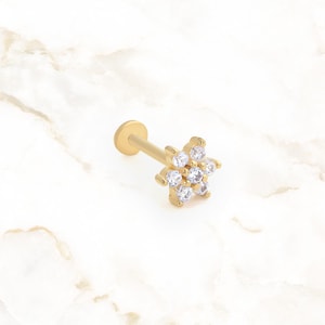 Sapphire Flower Tragus Earring in Gold | Screw Flat Back Flower Earring Stud | Dainty Blue Sapphire Cartilage Piercing | Floral Jewelry