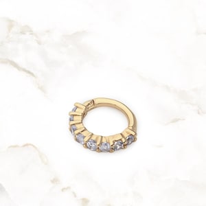 14k Solid Gold CZ Helix Hoop Clicker | 8mm Helix, Daith & Nose Clicker | Diamond Cartilage Piercing | 16 Gauge Septum Ring with Round Gems