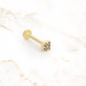 14K Gold Square Stud with Screw Back | Four Stone Diamond Stud Earring | Flat Back Cartilage Earring | Real Gold Piercing Jewelry for Tragus
