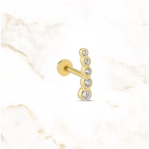 Graduated CZ Bar Piercing | Dainty 14K Gold Cartilage Stud | 18G Internally Threaded Flat Back Earring | Vertical Helix & Tragus Jewelry