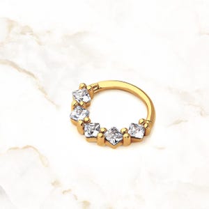 14k Hinged Hoop With Five Square Stones | Real Gold Septum Clicker | Jewelry Gift for Women | Minimalist Clicker Gold Hoop |Spakly Nose Ring