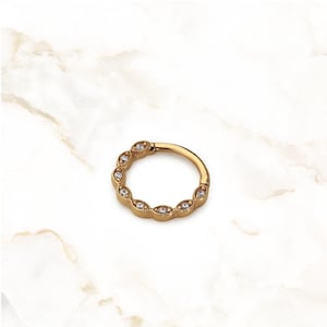 14K Gold Beaded Helix Hoop | Hypoallergenic Small Hinged Hoop Earring, Solid Gold Septum Clicker Wtih Gemstones, 16 Gauge Cartilage Piercing