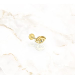 14K Gold Evil Eye Piercing Jewelry  | Flat Screw Back Evil Eye Stud Earring with Diamond | Solid Gold Internally Threaded Stud for Conch