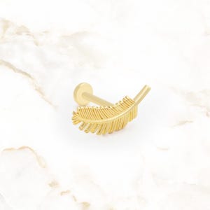 14K Solid Gold Leaf Stud Earring | Screw Flat Back Stud Earrings for Tragus/Cartilage/Daith | 18 Gauge Piercing Jewelry, Threaded Post Stud