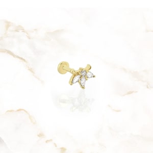 14K Gold Bee Stud Earring | Dainty Diamond Insect Jewelry | Flat Back Piercing for Tragus or Helix