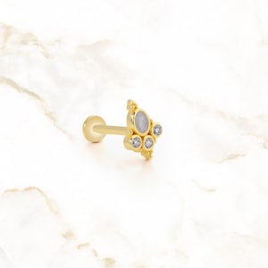 Bezel Set Diamond Stud Earring | 14K Solid Gold Cartilage Piercing | 18G Screw Back Tragus Earring | Flat Back CZ Piercing Jewelry for Women