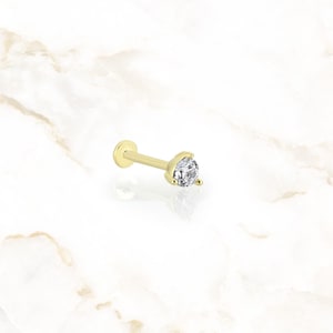 Boucle d'oreille solitaire à filetage intérieur | Clou d'oreille avec diamant à dos plat, piercing de cartilage hypoallergénique, clou d'oreille labret en or massif 14 carats