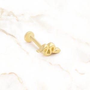 18G Internally Threaded Snake Earring |14K Solid Gold Serpent Stud Earring, Flat Back Cartilage Piercing Jewelry, 1mm Labret Stud Screw Back