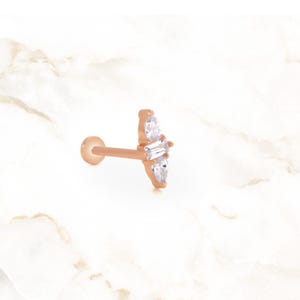 14K Gold Baguette & Marquise CZ Labret Stud | Internally Threaded Flat Back Piercing |18 Gauge Cartilage Jewelry |Solid Gold Screw Back Stud