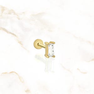 Dainty Gold Baguette Stud Earring | 14K Solid Gold Internally Threaded Flat Back Labret | Rectangular Diamond Stud for Multiple Piercing 18g