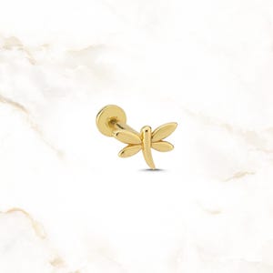 14K Solid Gold Dragonfly Stud | Screw Back Daith Earrings Dragonfly | 18 gauge Flat Back Piercing Jewelry | Birthday Gift for Mom