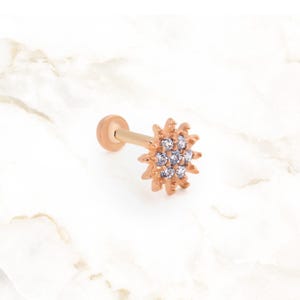 Diamond Flower Stud Earring | 14K Solid Gold Cartilage Piercing | 18G Screw Back Tragus Earring | Flat Back CZ Piercing Jewelry for Women