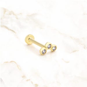Triple CZ Bar Piercing | Minimalist 14K Gold Tragus Stud | 18G Internally Threaded Flat Back Earring | Dainty Cartilage & Helix Jewelry