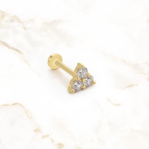 14K Gold Triple Stone Cartilage Stud | Flat Back Triangle Earring for Cartilage or Lobe | Internally Threaded Labret for Multiple Piercings