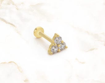 14K Gold Triple Cubic Zirconia Cartilage Stud | Internally Threaded Labret
