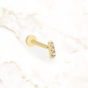 14K Gold Bar Stud Piercing | 18G Internally Threaded CZ Helix Jewelry | Flat Back Cartilage Earring | Dainty Tragus Labret Stud